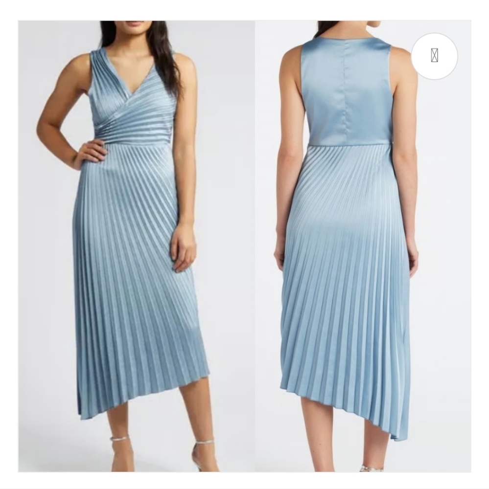 Sam Edelman V Neck Satin Plisse Pleated Asymmetric Hem Dress Steel Slate Blue 6